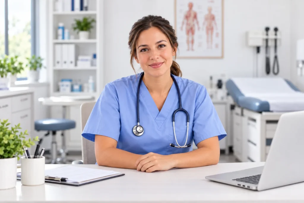 Healthcare professional with a stethoscope seated at a desk in an examination room