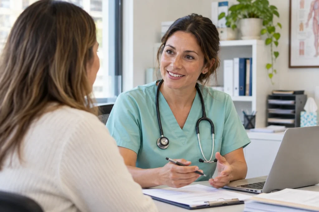 Healthcare professional discussing health concerns with a patient