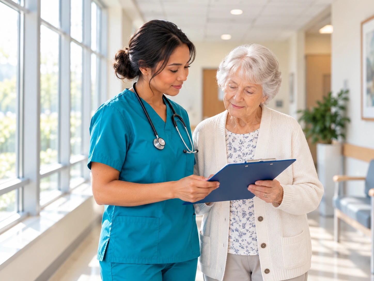 Healthcare professional reviewing a clipboard with an older woman